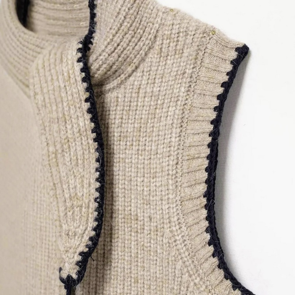 Commense Tie Neck Contrast Trim Button Sweater Vest Size L NWT In Khaki - Picture 5 of 13